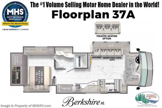 2023 Forest River Berkshire XL 37A 380HP Luxury Diesel W/ Theater Seating, Satellite, W/D, Dishwasher &amp; More Floorplan