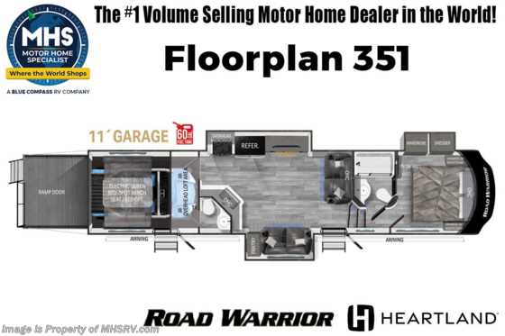 2022 Heartland RV Road Warrior 351RW Luxury Toy Hauler Bath &amp; 1/2 W/ FBP, Removable Garage Walls, 3 A/Cs, Cargo Carpet &amp; Much More Floorplan