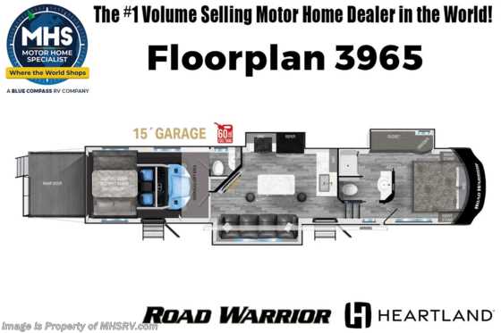 2022 Heartland RV Road Warrior 3965RW Luxury Toy Hauler RV W/ Bath &amp; 1/2, 3 A/Cs, Garage Wall Floorplan