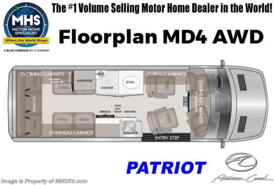 2024 American Coach Patriot MD4 AWD Sprinter W/ Roof Rack, Air-Ride Suspension System, Black Rims, Lithium Freedom Pkg.,Apple TV &amp; More Floorplan