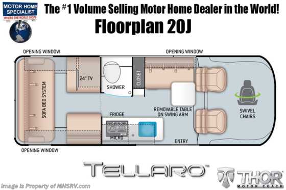 2023 Thor Motor Coach Tellaro 20J W/ New 9 Speed Tranmission, Lane Assist, Large Digital Display, Retractable Rooftop W/ Sleeping Area, Swivel Driver and Passenger Chairs &amp; Much More Floorplan