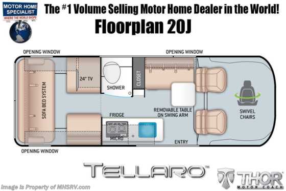 2023 Thor Motor Coach Tellaro 20J W/ New 9 Speed Tranmission, Large Digital Display, Swivel Seats & Retractable Rooftop Floorplan