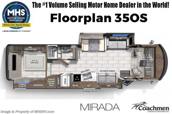 2023 Coachmen Mirada 35OS W/ Theater Seats, King Bed w/ Stack W/D, Ext TV &amp; More! Floorplan