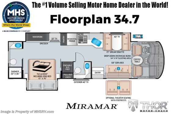 2023 Thor Motor Coach Miramar 34.7 Bath & 1/2 W/ King Bed, Theater Seats, Residential Fridge, Bedroom TV, Frameless Dual Pane Windows & More Floorplan