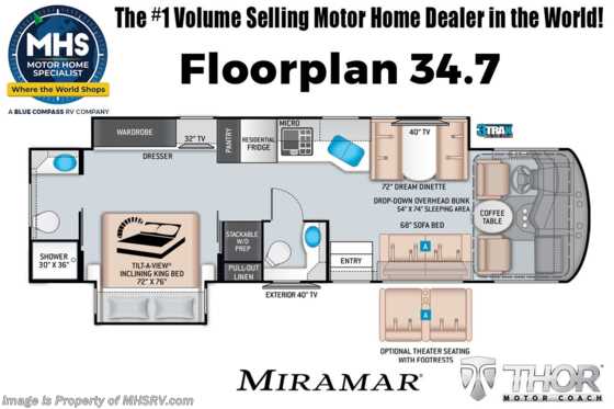 2023 Thor Motor Coach Miramar 34.7 Bath &amp; 1/2 W/ King Bed, Theater Seats, Residential Fridge, Bedroom TV, Frameless Dual Pane Windows &amp; More Floorplan