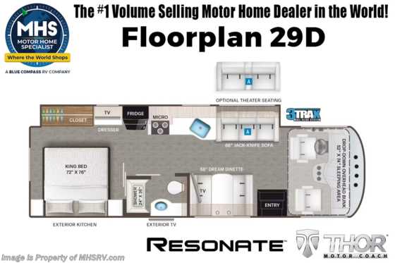 2023 Thor Motor Coach Resonate 29D W/ Solar, King, Ext. TV, Leatherette Theater Seats, Dual A/Cs & More Floorplan
