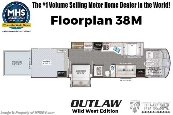 2025 Thor Motor Coach Outlaw Wild West Edition 38M Toy Hauler RV W/  Auto Leveling, Solar, Tankless Water Heater & More Floorplan