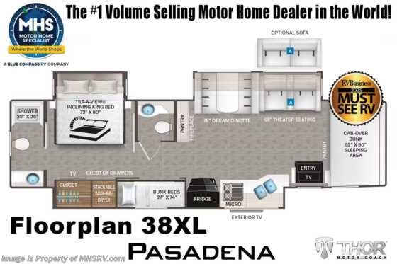 2025 Thor Motor Coach Pasadena 38XL Super C Bath & 1/2 Bunk Model W/ Solar System, Theater Seating, Fireplace & More Floorplan