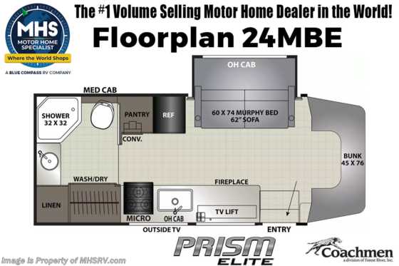 2024 Coachmen Prism Elite 24MBE Sprinter Diesel W/ Hydraulic Leveling Jacks, W/D, Solar, Rims, Fireplace, Ext. TV Floorplan