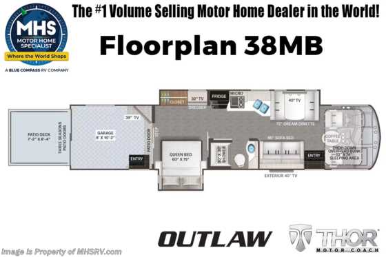 2025 Thor Motor Coach Outlaw Toy Hauler 38MB Toy Hauler RV W/ Solar, Auto Leveling, Heated Tanks & More Floorplan