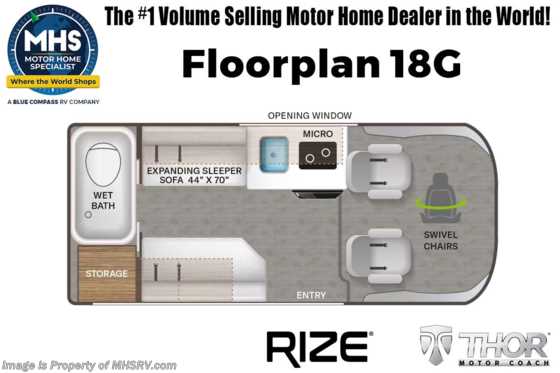 2025 Thor Motor Coach Rize 18G W/ Retractable Roof Top, Bike Rack, Solar, Swivel Seats, Dual House Batteries & More! Floorplan