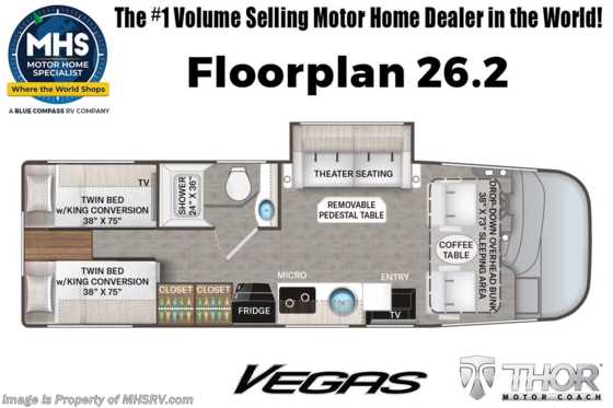 2025 Thor Motor Coach Vegas 26.2 W/ Electric Stabilizer System, Pwr Drivers Seat, OH Loft & Theater Seating Floorplan