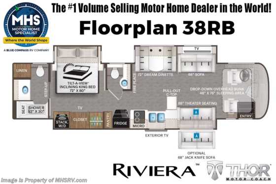 2025 Thor Motor Coach Riviera 38RB 340HP Diesel Pusher Bath & 1/2 RV W/ Theater Seats, Rapid Camp+® Multiplex System, Solar, King Bed & More Floorplan