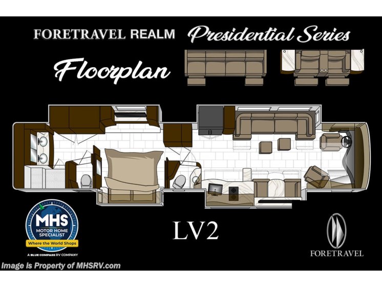 Email now about this 2026 Foretravel Realm Presidential Luxury Villa 2 (LV2) w/ Sofa Recliner! Floorplan of 2026 Foretravel Realm Presidential Luxury Villa 2 (LV2) w/ Sofa Recliner