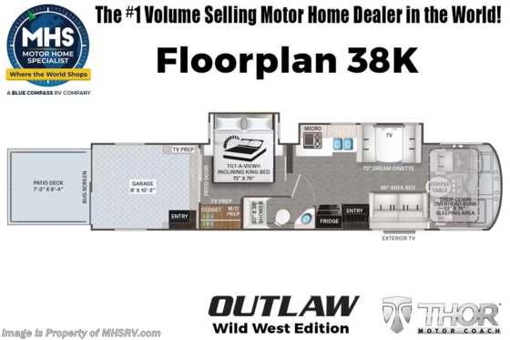 2026 Thor Motor Coach Outlaw Wild West Edition 38K Toy Hauler RV W/ 50 State Onan Gen., King Bed, Auto Leveling, Tankless Water Heater, FBP & More Floorplan