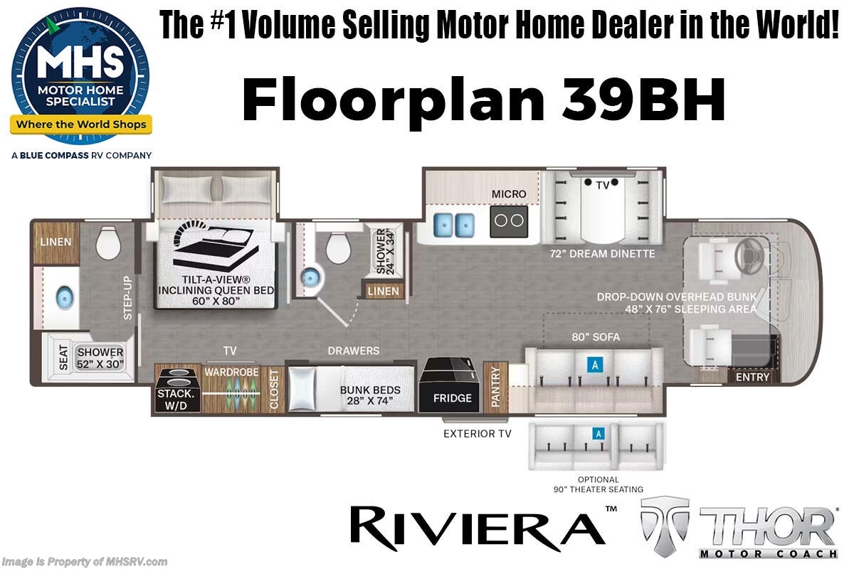 Call now about this 2026 Thor Motor Coach Riviera 39BH! Floorplan of 2026 Thor Motor Coach Riviera 39BH