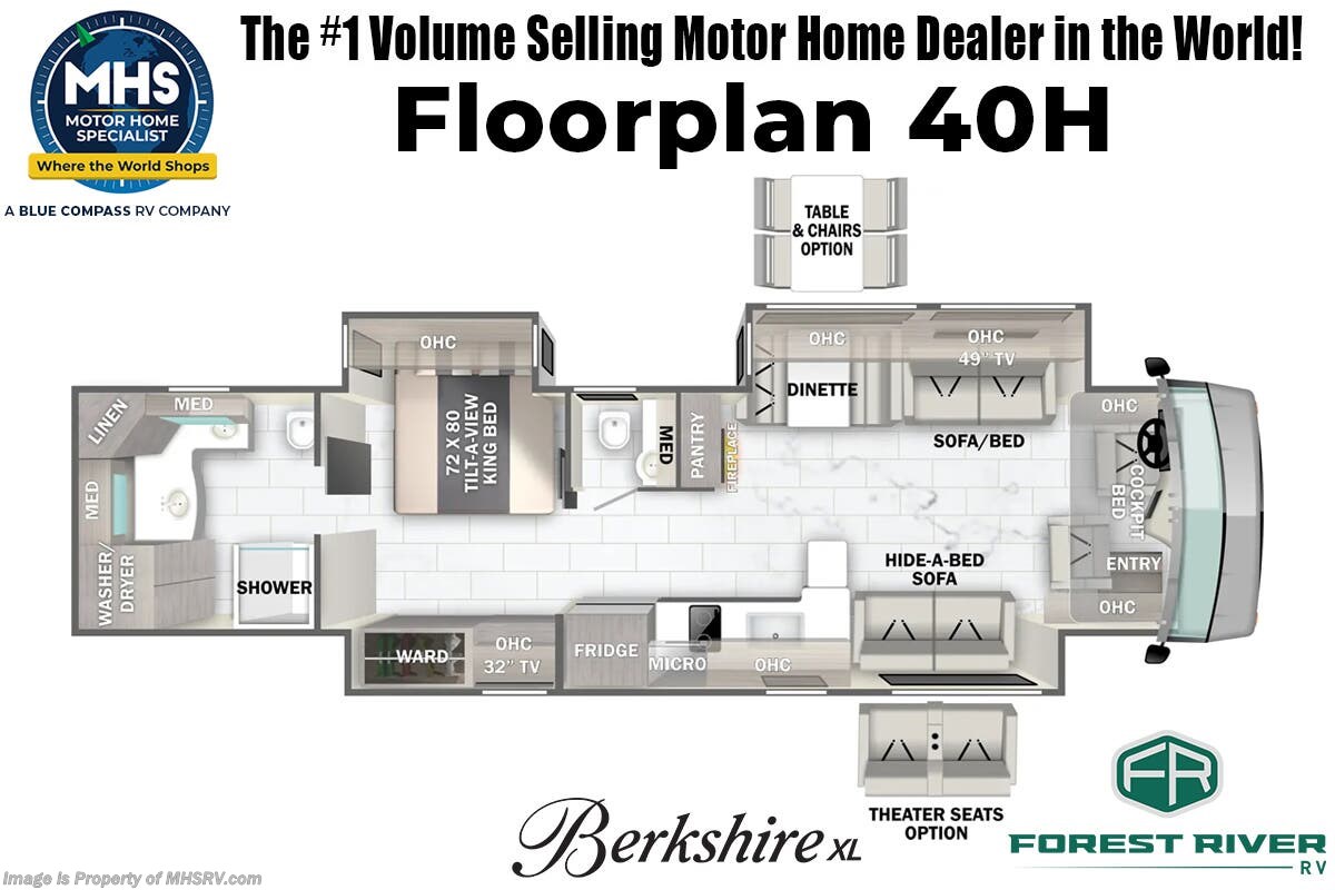 Call now about this 2026 Forest River Berkshire XL 40H! Floorplan of 2026 Forest River Berkshire XL 40H