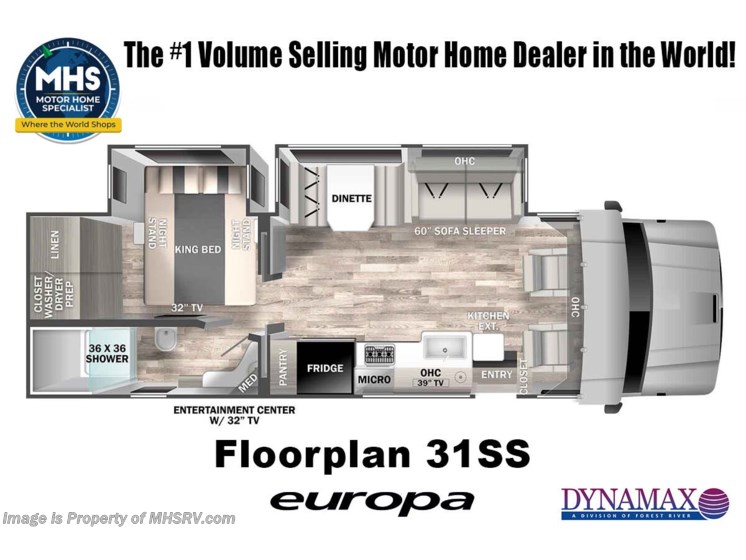 Email now about this 2026 Dynamax Corp Europa 31SS! Floorplan of 2026 Dynamax Corp Europa 31SS