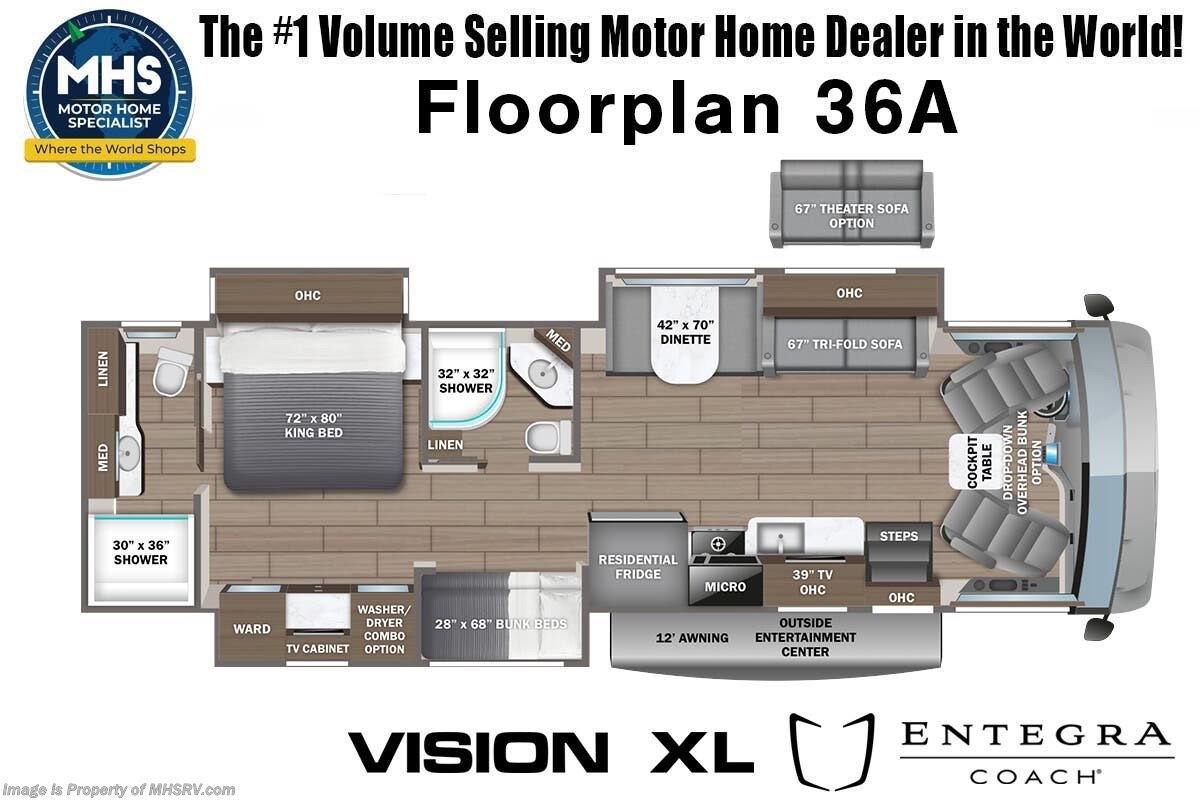 Call now about this 2026 Entegra Coach Vision XL 36A! 2026 Entegra Coach Vision XL 36A - New Class A For Sale by Motor Home Specialist in Alvarado, Texas features Two Full Baths, Theater Seating, Bunk Beds