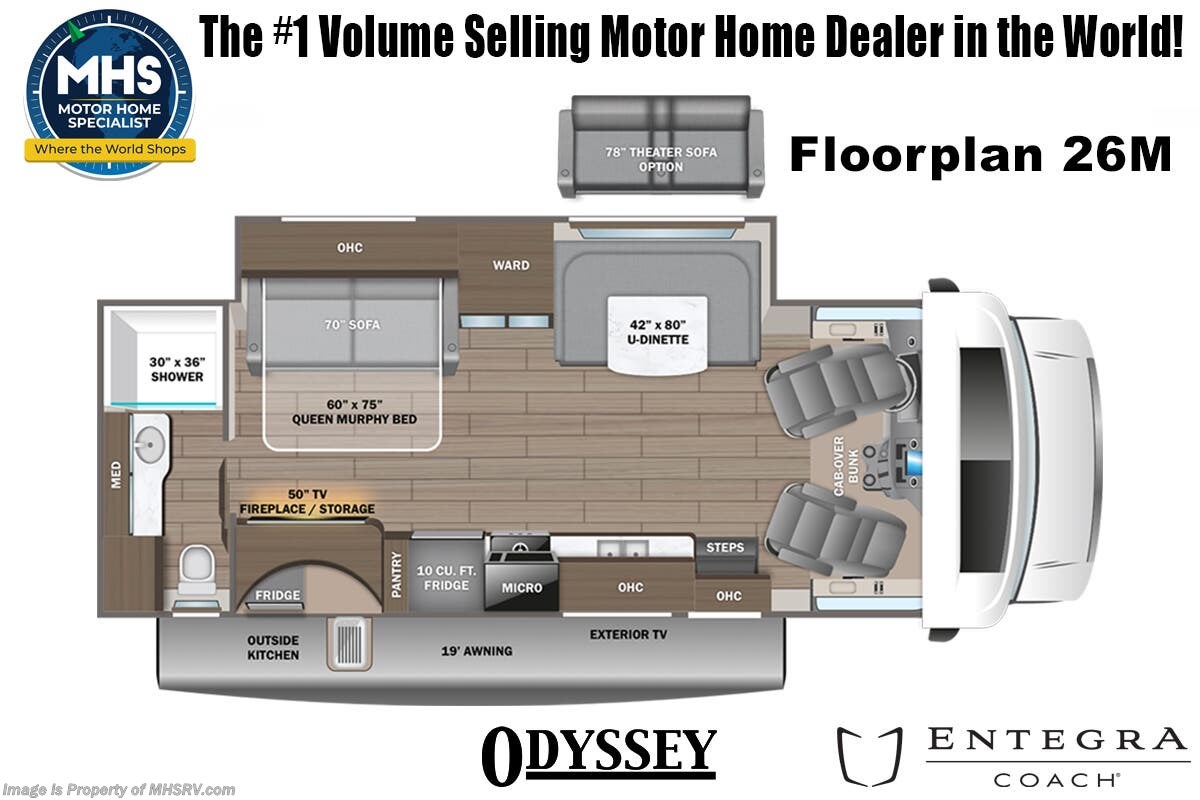 Call now about this 2026 Entegra Coach Odyssey 26M! Floorplan of 2026 Entegra Coach Odyssey 26M