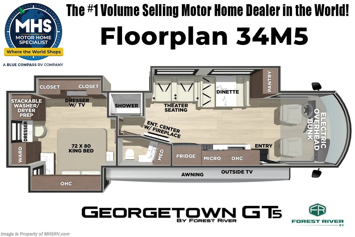 Call now about this 2026 Forest River Georgetown 5 Series GT5 34M5! Floorplan of 2026 Forest River Georgetown 5 Series GT5 34M5
