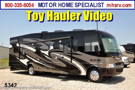 &lt;a href=&quot;http://www.mhsrv.com/thor-motor-coach/&quot;&gt;&lt;img src=&quot;http://www.mhsrv.com/images/sold-thor.jpg&quot; width=&quot;383&quot; height=&quot;141&quot; border=&quot;0&quot; /&gt;&lt;/a&gt; $2,000 VISA Gift Card with purchase. /NC 9/29/12/ &lt;object width=&quot;400&quot; height=&quot;300&quot;&gt;&lt;param name=&quot;movie&quot; value=&quot;http://www.youtube.com/v/3ISEXmsKvKw?version=3&amp;amp;hl=en_US&quot;&gt;&lt;/param&gt;&lt;param name=&quot;allowFullScreen&quot; value=&quot;true&quot;&gt;&lt;/param&gt;&lt;param name=&quot;allowscriptaccess&quot; value=&quot;always&quot;&gt;&lt;/param&gt;&lt;embed src=&quot;http://www.youtube.com/v/3ISEXmsKvKw?version=3&amp;amp;hl=en_US&quot; type=&quot;application/x-shockwave-flash&quot; width=&quot;400&quot; height=&quot;300&quot; allowscriptaccess=&quot;always&quot; allowfullscreen=&quot;true&quot;&gt;&lt;/embed&gt;&lt;/object&gt; #1 Thor Motor Coach &amp; Outlaw Toy Hauler Dealer in the World.
&lt;object width=&quot;400&quot; height=&quot;300&quot;&gt;&lt;param name=&quot;movie&quot; value=&quot;http://www.youtube.com/v/_D_MrYPO4yY?version=3&amp;amp;hl=en_US&quot;&gt;&lt;/param&gt;&lt;param name=&quot;allowFullScreen&quot; value=&quot;true&quot;&gt;&lt;/param&gt;&lt;param name=&quot;allowscriptaccess&quot; value=&quot;always&quot;&gt;&lt;/param&gt;&lt;embed src=&quot;http://www.youtube.com/v/_D_MrYPO4yY?version=3&amp;amp;hl=en_US&quot; type=&quot;application/x-shockwave-flash&quot; width=&quot;400&quot; height=&quot;300&quot; allowscriptaccess=&quot;always&quot; allowfullscreen=&quot;true&quot;&gt;&lt;/embed&gt;&lt;/object&gt; For the Lowest Price Please Visit MHSRV .com or Call 800-335-6054. MSRP $152,993. New 2013 Thor Motor Coach Outlaw Toy Hauler. Model 3611 with slide-out room and Ford 22-Series chassis with Triton V-10 engine &amp; high polished aluminum wheels. This unit measures approximately 37 feet 4 inches in length. Optional equipment includes an electric queen lift bed in garage. The Outlaw toy hauler RV has an incredible list of standard features for 2013 including a full body exterior paint job, beautiful wood &amp; interior decor packages, (5) LCD TVs including and exterior entertainment center, large living room LCD TV, side door TV for viewing while traveling, LCD TV in loft and LCD TV in garage. You will also find a theater sound system in the living room with hidden sub woofer, stereo in garage, exterior stereo speakers and audio controls, power patio awing, dual side entrance doors, dual pane windows, fueling station, 1-piece windshield,  a 5500 Onan generator, back-up camera, automatic leveling system, Soft Touch leather furniture, hide-a-bed sofa with power inflate &amp; deflate controls, day/night shades and much more. FOR ADDITIONAL INFORMATION, BROCHURE, WINDOW STICKER, PHOTOS &amp; PRODUCT VIDEO PLEASE VISIT MOTOR HOME SPECIALIST AT MHSRV .COM or CALL 800-335-6054. 