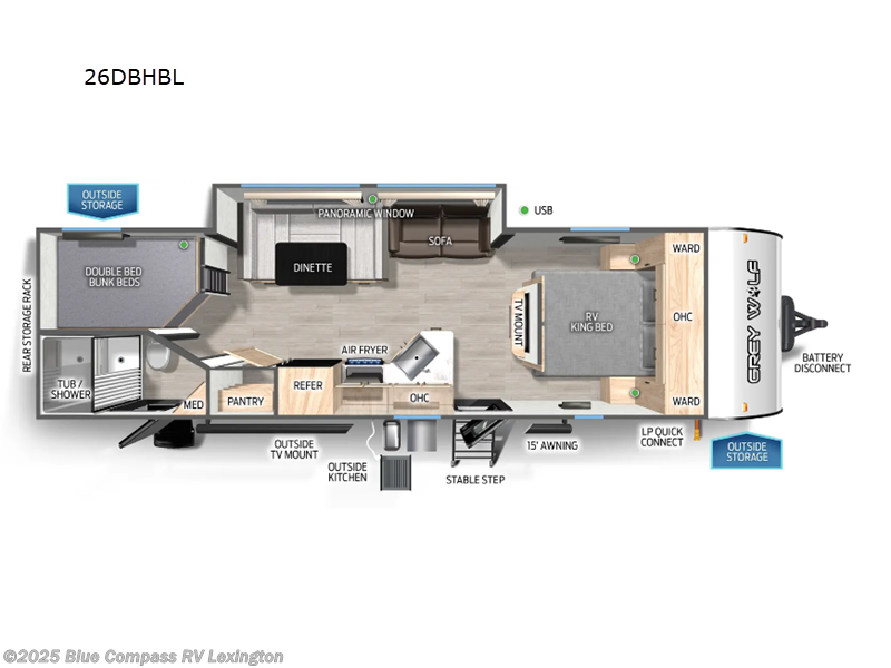 Call now about this 2025 Forest River Cherokee Grey Wolf Black Label 26DBHBL! 2025 Forest River Cherokee Grey Wolf Black Label 26DBHBL - New Travel Trailer For Sale by Blue Compass RV Lexington in Georgetown, Kentucky features Slideout