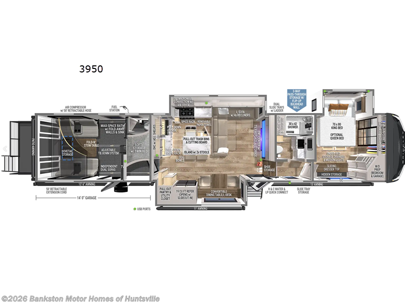 Call now about this 2026 Brinkley RV Model G 3950! 2026 Brinkley RV Model G 3950 - New Toy Hauler For Sale by Bankston Motor Homes of Huntsville in Huntsville, Alabama features Slideout