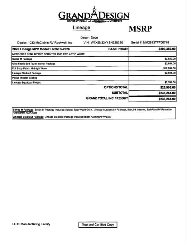 Contact us now about this 2026 Grand Design Lineage 25TK! 2026 Lineage 25TK by Grand Design from McClains RV in Kerrville, Texas