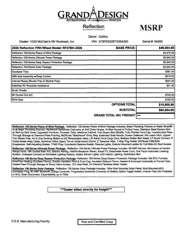 Contact us now about this 2026 Grand Design Reflection 100 27BH! 2026 Reflection 100 27BH by Grand Design from McClain's RV Rockwall in Rockwall, Texas