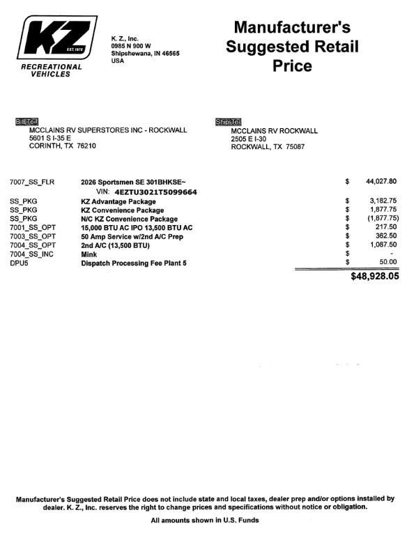 Contact us now about this 2026 K-Z Sportsmen SE 301BHK! 2026 Sportsmen SE 301BHK by K-Z from McClain's RV Rockwall in Rockwall, Texas