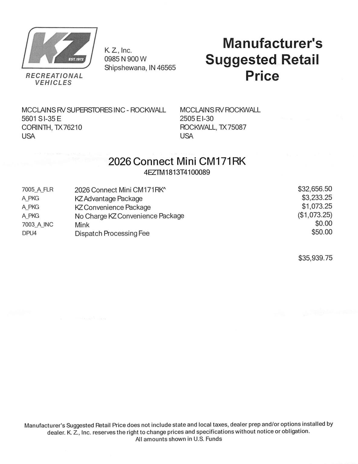 Contact us now about this 2026 K-Z Connect Mini 171RK! 2026 Connect Mini 171RK by K-Z from McClain's RV Rockwall in Rockwall, Texas