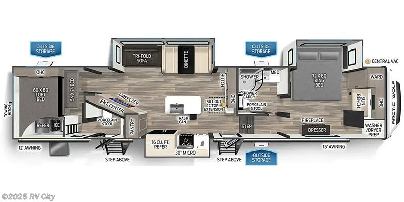 Call now about this 2025 Forest River Cherokee Arctic Wolf Suite 3750 SUITE! Floorplan of 2025 Forest River Cherokee Arctic Wolf Suite 3750 SUITE