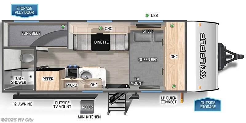 Call now about this 2025 Forest River Cherokee Wolf Pup 16BHSW! Floorplan of 2025 Forest River Cherokee Wolf Pup 16BHSW