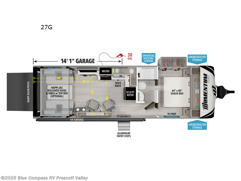 Call now about this 2026 Grand Design Momentum G-Class 27G! 2026 Grand Design Momentum G-Class 27G - New Toy Hauler For Sale by Blue Compass RV Prescott Valley in Prescott Valley, Arizona features Slideout