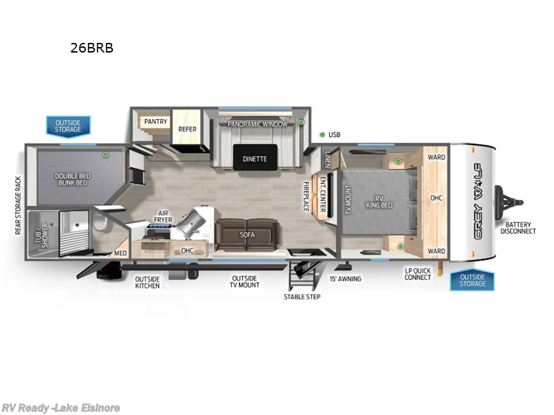 Call now about this 2026 Forest River Cherokee Grey Wolf 26BRB! 2026 Forest River Cherokee Grey Wolf 26BRB - New Travel Trailer For Sale by RV Ready in Lake Elsinore, California features Slideout