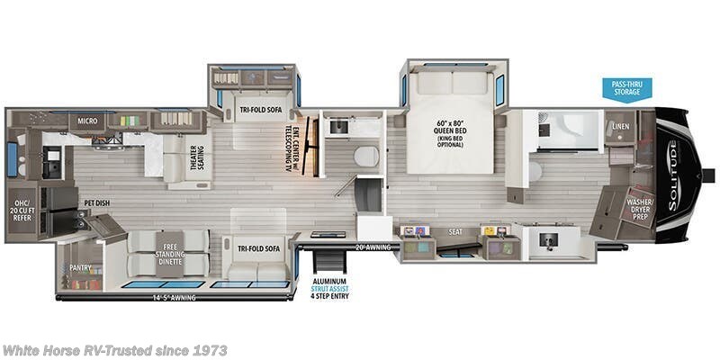 Call now about this 2025 Grand Design Solitude 417KB! 2025 Grand Design Solitude 417KB - New Fifth Wheel For Sale by White Horse RV Center in Egg Harbor City, New Jersey features CO Detector, Roof Vents, Hitch, Satellite Radio, TV