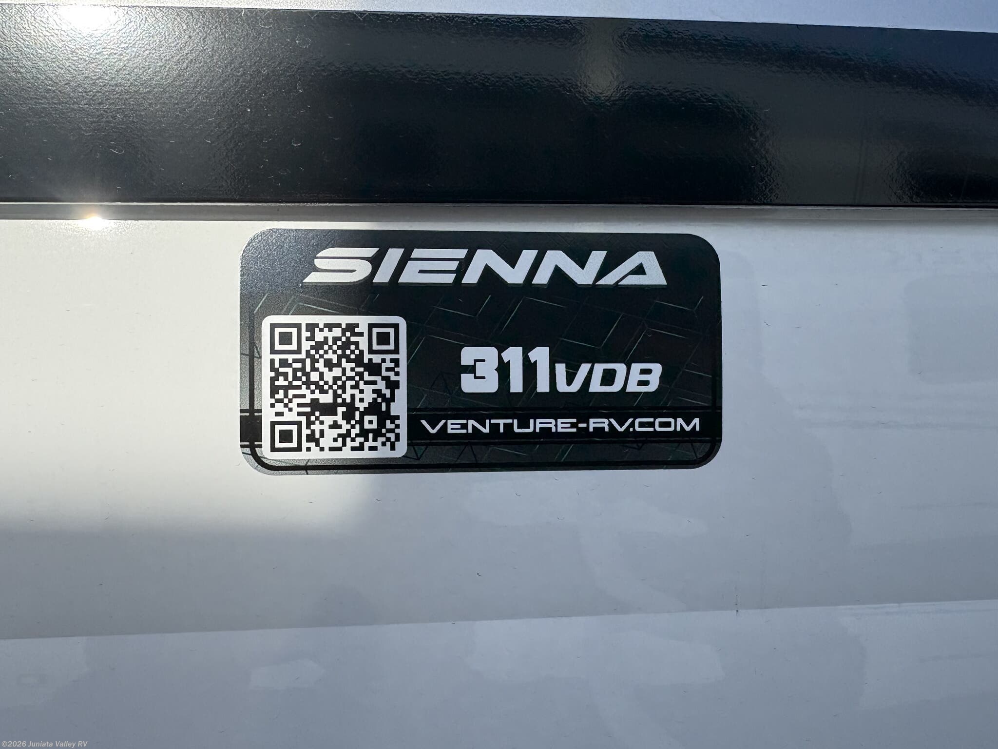 Call now about this 2026 Venture RV Sienna SA311VDB! 2026 Venture RV Sienna SA311VDB - New Travel Trailer For Sale by Juniata Valley RV in Mifflintown, Pennsylvania features Refrigerator (12V), Roof Vent, Ladder, Smart TV, Power Roof Vent