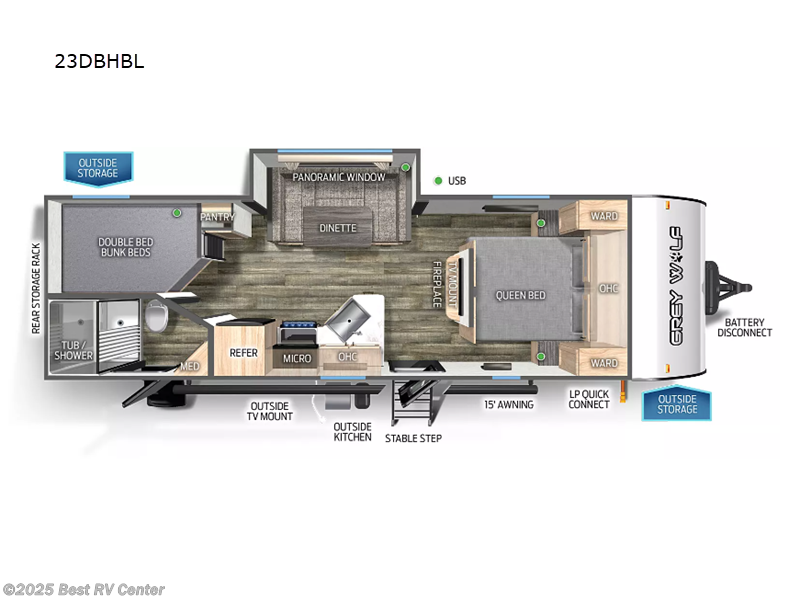 Call now about this 2025 Forest River Cherokee Grey Wolf Black Label 23DBHBL! 2025 Forest River Cherokee Grey Wolf Black Label 23DBHBL - New Travel Trailer For Sale by Best RV Center in Turlock, California features Slideout