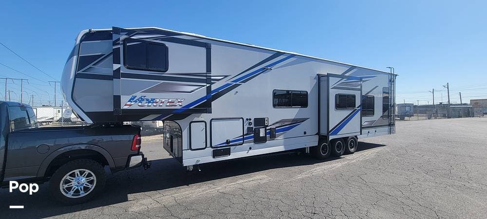 Call now about this 2024 Genesis Supreme Vortex 4025VXL! 2024 Genesis Supreme Vortex 4025VXL - Used Toy Hauler For Sale by Pop RVs in Modesto, California features Leveling Jacks, Generator, Slideout, Awning, Air Conditioning