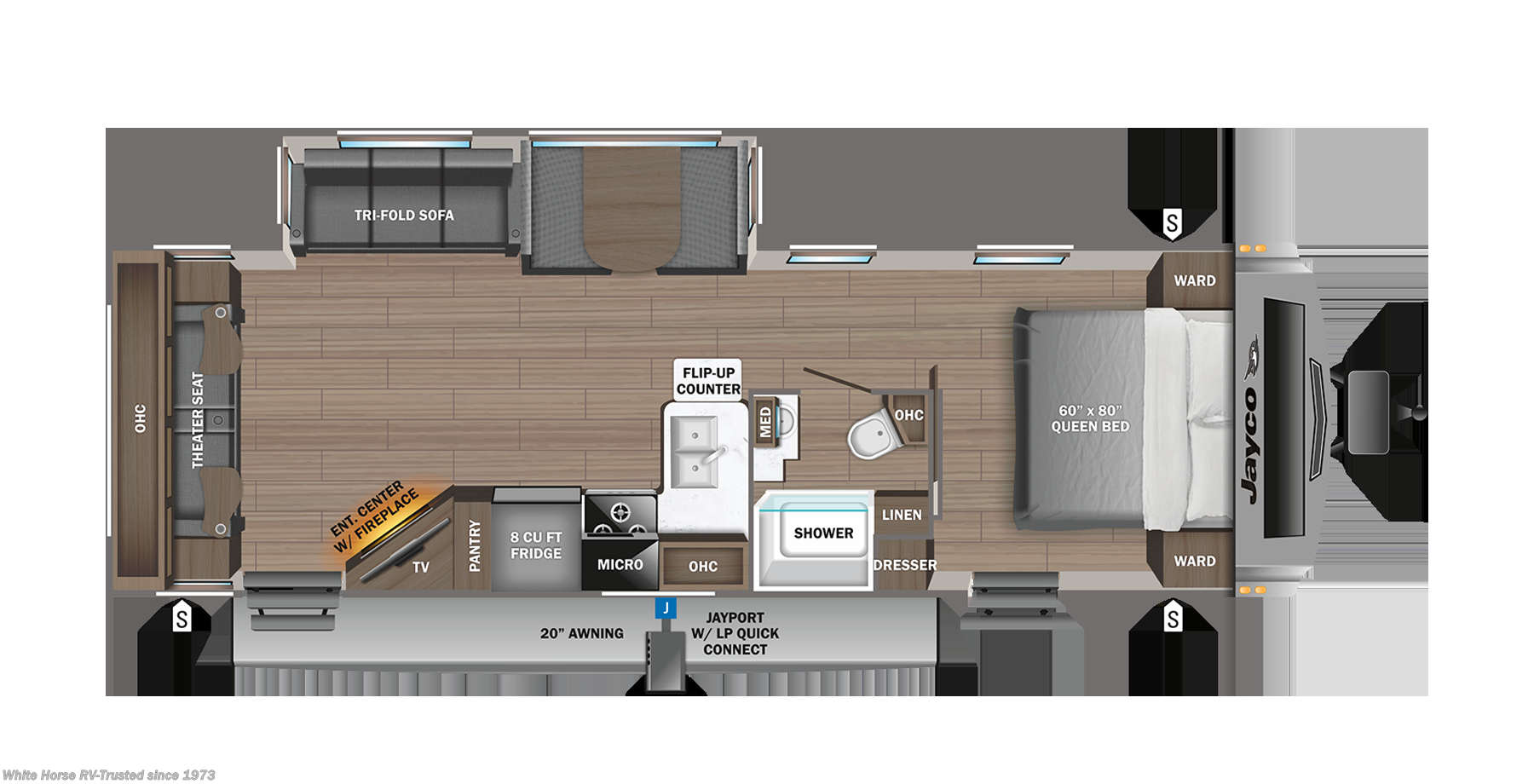 Call now about this 2023 Jayco White Hawk 29RL Rear Living Slide, Theater Seats & Sofa/Bed! Floorplan of 2023 Jayco White Hawk 29RL Rear Living Slide, Theater Seats & Sofa/Bed