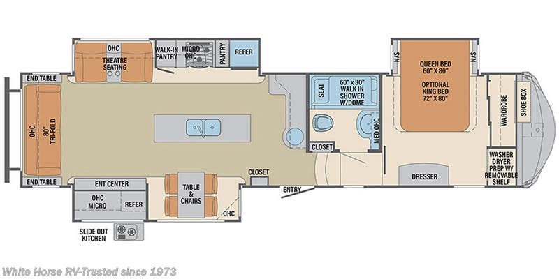 Call now about this 2019 Palomino Columbus 366RL Rear Living Triple Slide, Island Kitchen! Floorplan of 2019 Palomino Columbus 366RL Rear Living Triple Slide, Island Kitchen