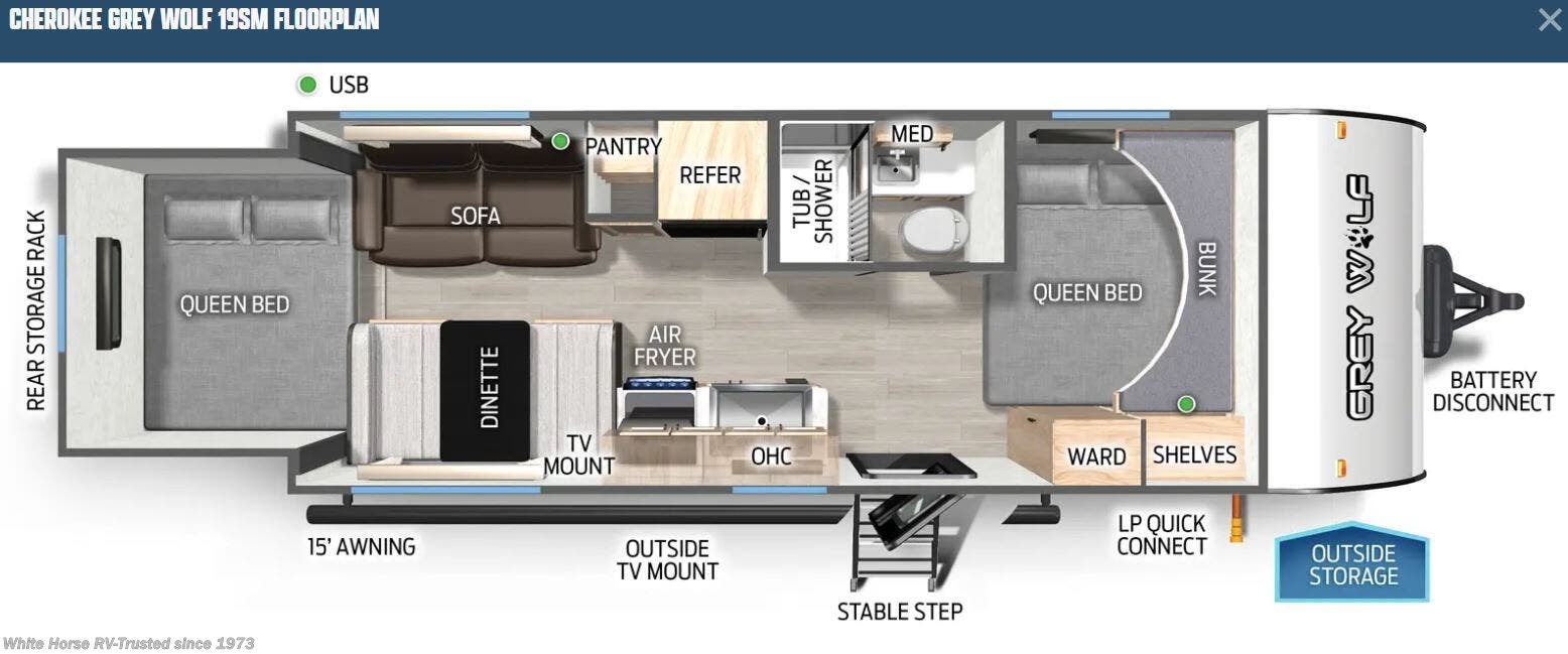Call now about this 2025 Forest River Cherokee Grey Wolf 19SM Rear Queen, Front Queen & Single Bunk Bed! Floorplan of 2025 Forest River Cherokee Grey Wolf 19SM Rear Queen, Front Queen & Single Bunk Bed