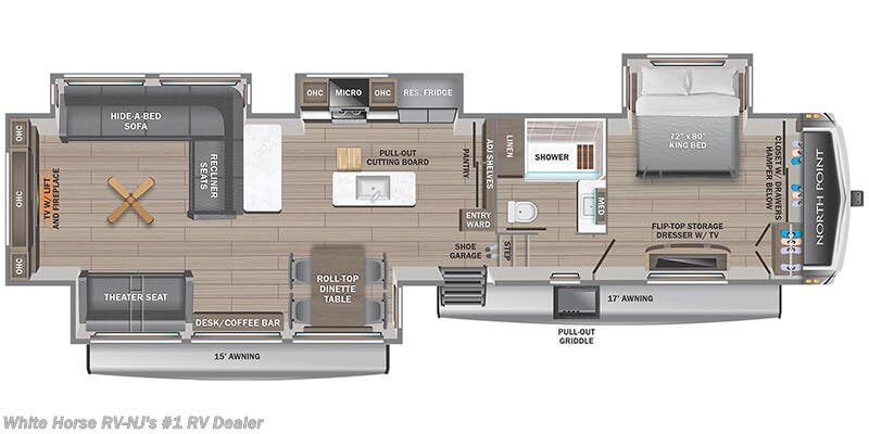 Call now about this 2025 Jayco North Point 381CKRE Quad Slide, Rear Entertainment/Living! Floorplan of 2025 Jayco North Point 381CKRE Quad Slide, Rear Entertainment/Living