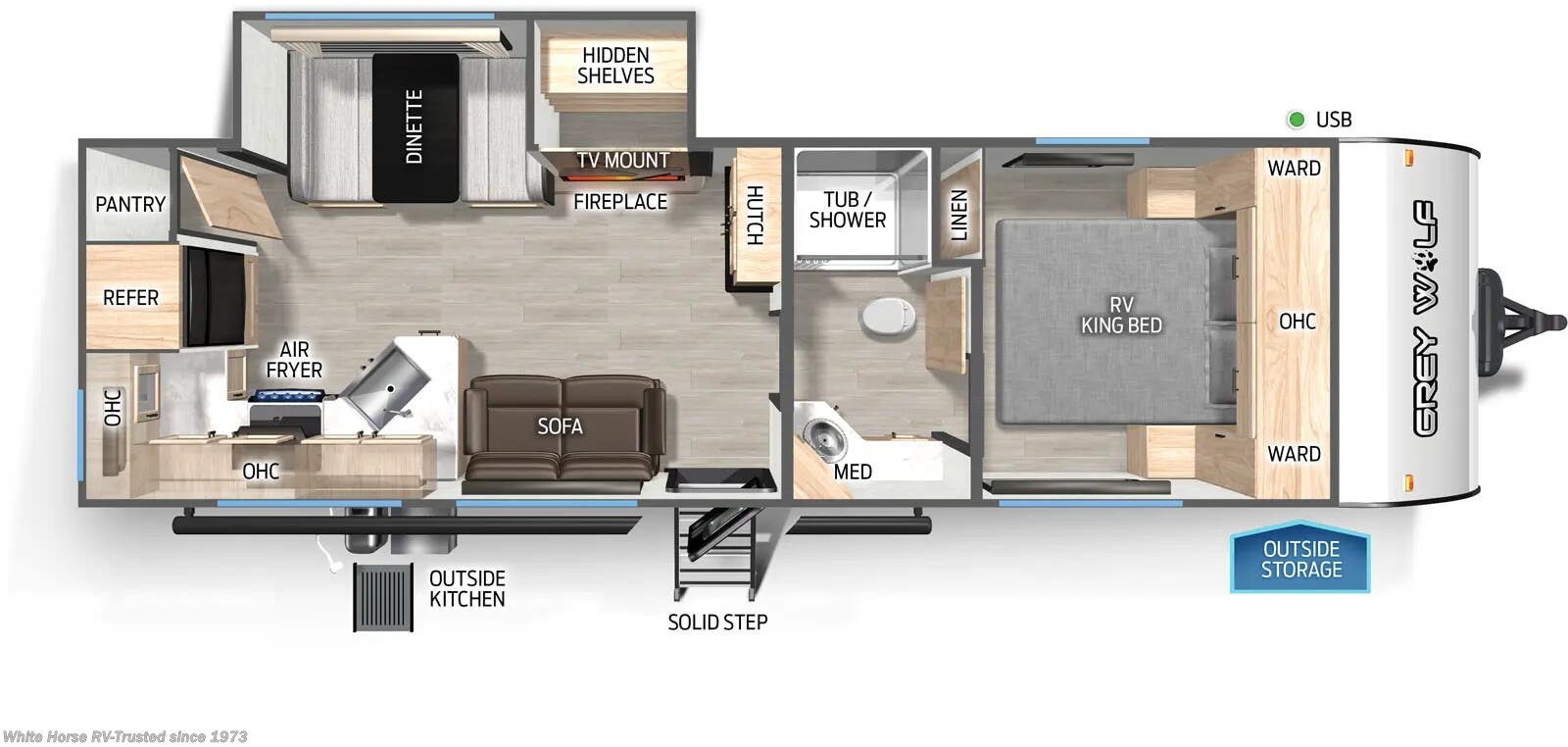Call now about this 2025 Forest River Cherokee Grey Wolf 26SS Rear Kitchen! Floorplan of 2025 Forest River Cherokee Grey Wolf 26SS Rear Kitchen