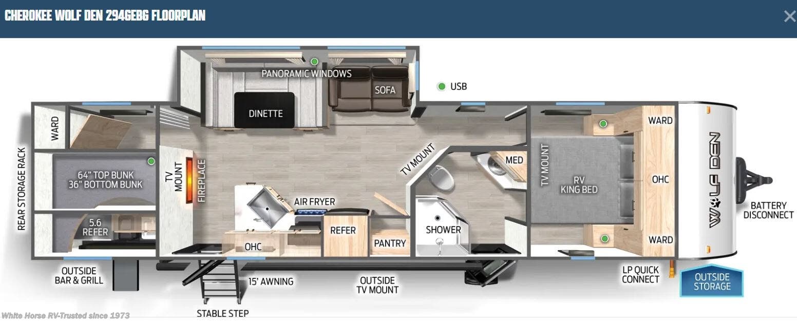 Call now about this 2025 Forest River Cherokee Wolf Den 294GEBG 3-BdRM Slide, King, Queen & Bunk! Sample Stock layout of 2025 Cherokee Wolf Den 294GEBG