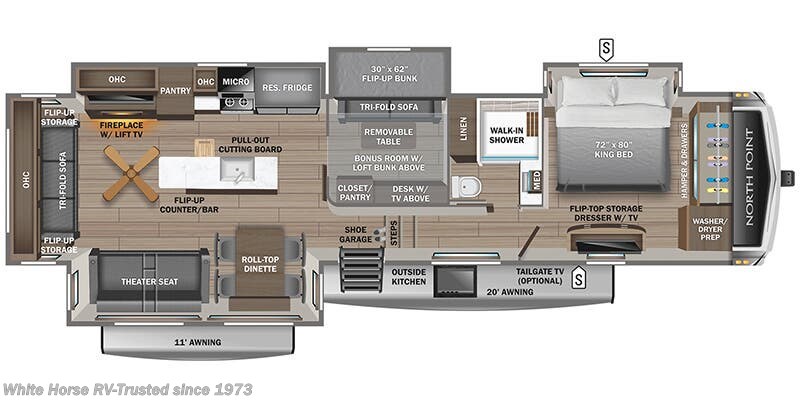Call now about this 2025 Jayco North Point 377RLBH! Floorplan of 2025 Jayco North Point 377RLBH