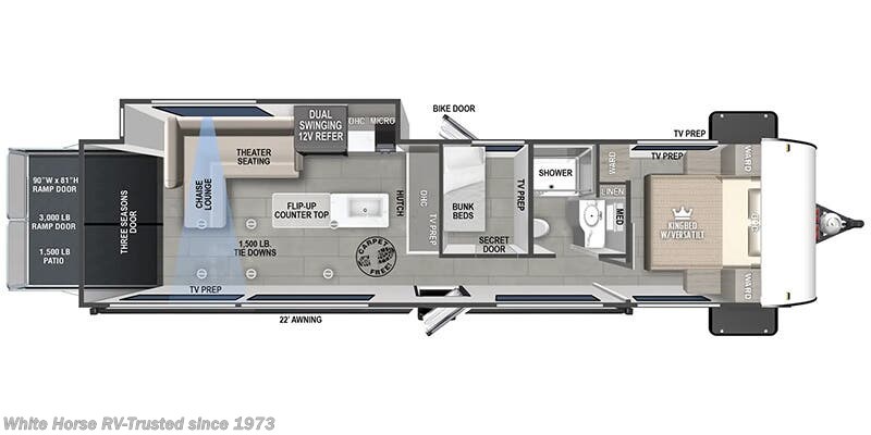 Call now about this 2024 Forest River Salem FSX 30VCVIEW Hidden Mid-Bunk, Cargo & Rear Patio Ramp! Floorplan of 2024 Forest River Salem FSX 30VCVIEW Hidden Mid-Bunk, Cargo & Rear Patio Ramp