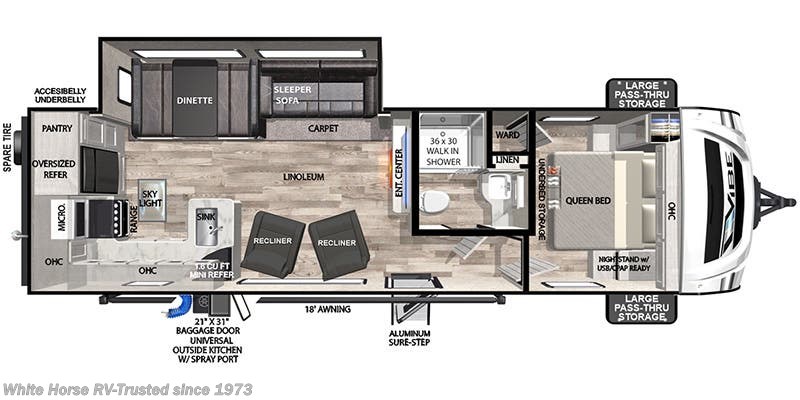 Call now about this 2024 Forest River Vibe 26RK Rear Kitchen Slide! Floorplan of 2024 Forest River Vibe 26RK Rear Kitchen Slide