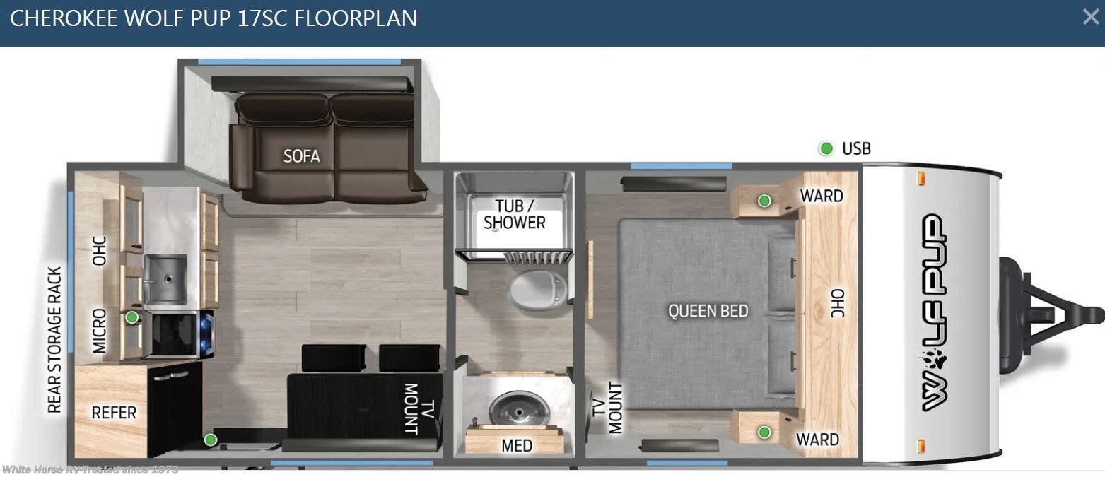 Call now about this 2026 Forest River Cherokee Wolf Pup 17SC Sofa/Bed Slide, Rear Kitchen! Floorplan of 2026 Forest River Cherokee Wolf Pup 17SC Sofa/Bed Slide, Rear Kitchen